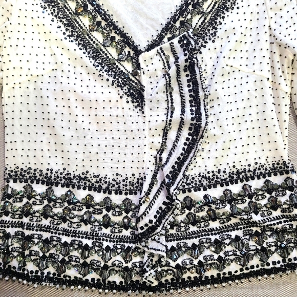 Escada Black/ White Embellished Beaded Stretch V-neck Long Sleeve Fitted 38 US 6 - Picture 5 of 11